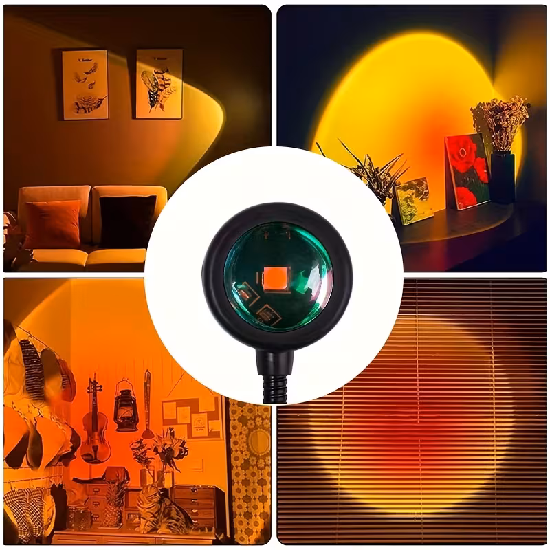 Sunset projection lamp casting a warm golden halo across walls, sofas and shelves